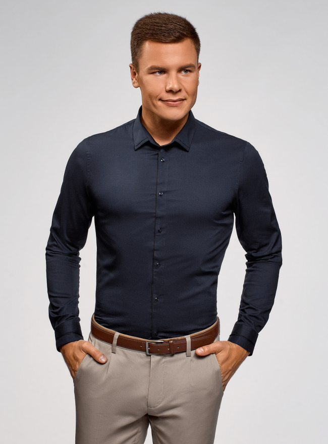 Рубашка приталенная с контрастной отделкой oodji для мужчины (синий), 3B140006M/34146N/7929B