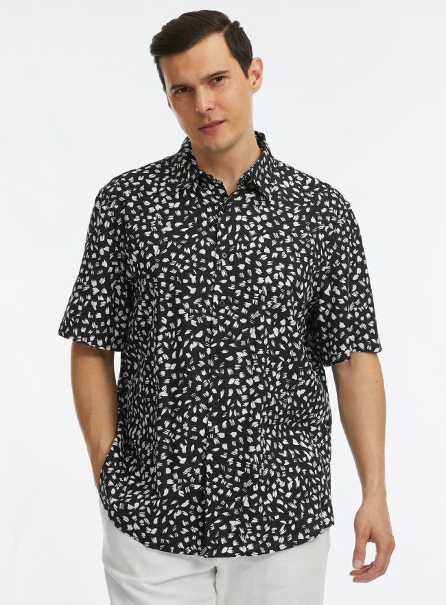 Рубашка с коротким рукавом из смесового льна oodji для Мужчина (черный), 3L430005M-2/50930N/2912G