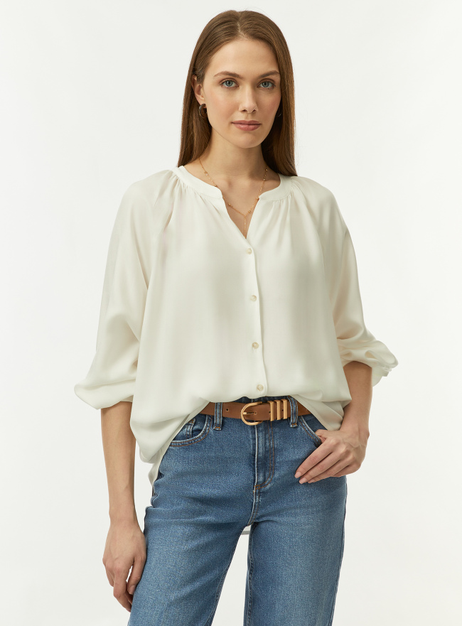 Блузка свободного силуэта с V-образным вырезом oodji для Женщины (белый), 21414006/52977/1200N