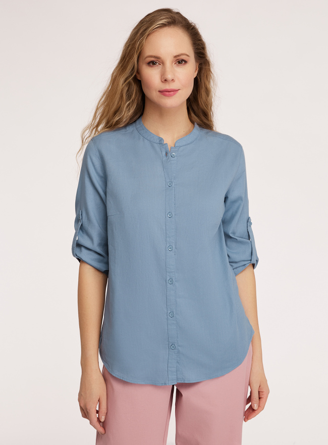 Рубашка хлопковая с воротником-стойкой oodji для женщины (синий), 23L12001B/45608/7400N