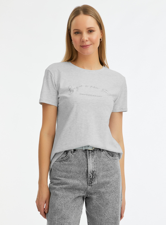 Футболка хлопковая с принтом oodji для Женщины (серый) Футболка хлопковая с принтом oodji для Женщины (серый), 14701119-8/44135N/2325P