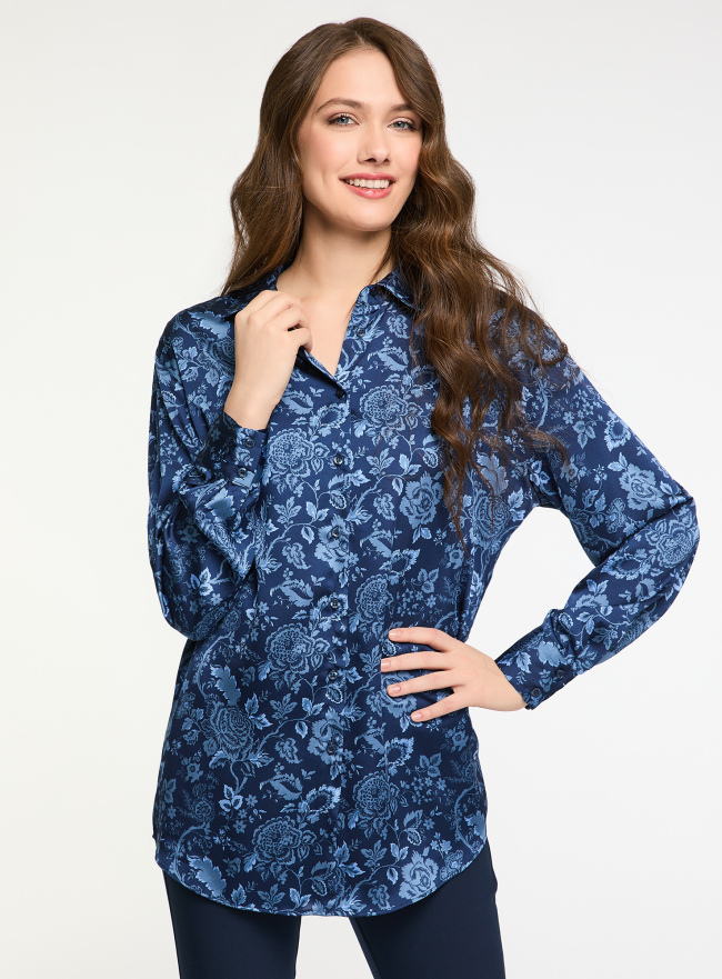 Блузка удлиненная оверсайз oodji для женщины (синий), 11411229/46724/7970F