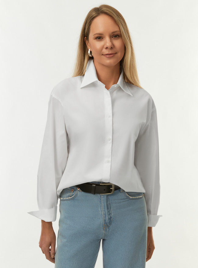 Рубашка хлопковая с длинным рукавом oodji для Женщины (белый) Рубашка хлопковая с длинным рукавом oodji для Женщины (белый), 13K11041/51102/1000N