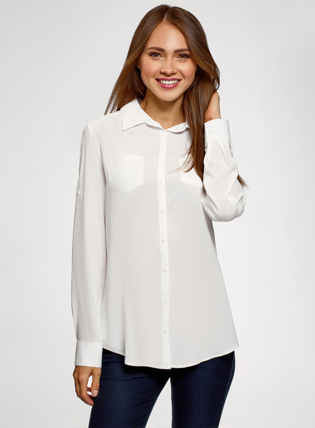 Блузка с нагрудными карманами и регулировкой длины рукава oodji для женщины (белый), 11400355-10B/42540/1200N