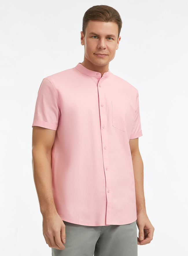 Рубашка с воротником-стойкой и коротким рукавом oodji для мужчины (розовый), 3L230001M/14885/4100N