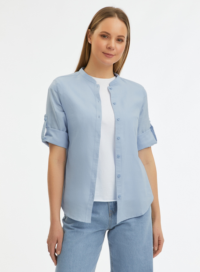 Рубашка хлопковая с воротником-стойкой oodji для женщины (синий), 23L12001B/45608/7005N