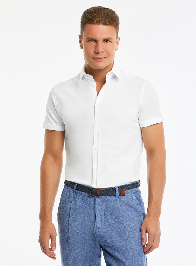 Рубашка хлопковая с коротким рукавом oodji для Мужчины (белый), 5L301003M/46748N/1000N