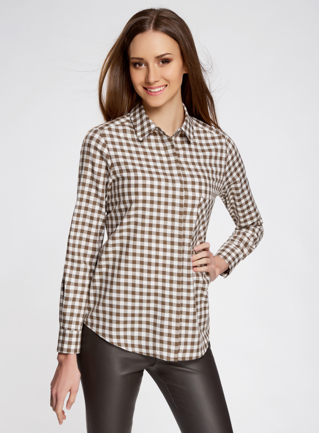Рубашка свободного силуэта с регулировкой длины рукава oodji для Женщины (коричневый), 11411099-1/43566/6812C