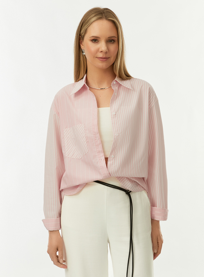 Рубашка свободного силуэта в полоску oodji для Женщины (розовый) Рубашка свободного силуэта в полоску oodji для Женщины (розовый), 13K11041-4/33081/4012S
