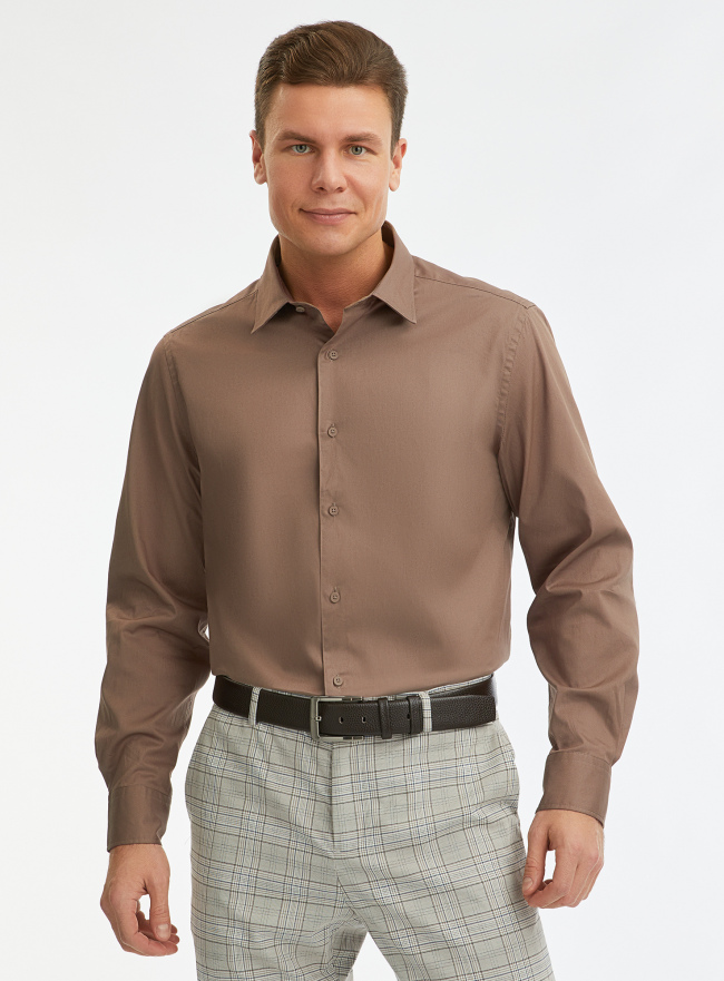 Рубашка хлопковая с длинным рукавом oodji для мужчины (коричневый), 3L110426M/51022N/3700N