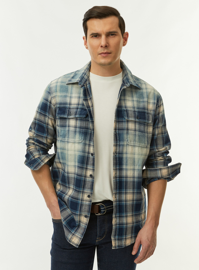 Рубашка хлопковая в клетку с эффектом выстиранности oodji для Мужчины (бежевый), 3L330029M-1/52957N/3379C