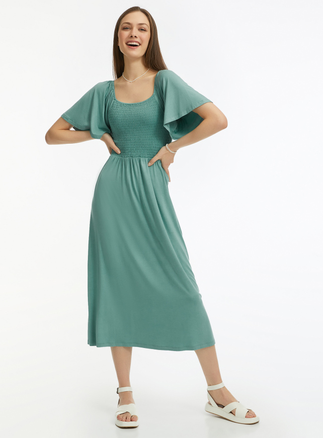 Платье приталенное с коротким рукавом oodji для женщины (зеленый), 14000184/49253/6C00N