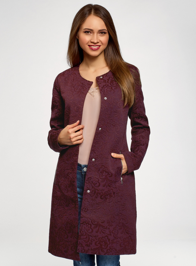 Пальто прямое жаккардовое oodji для Женщины (фиолетовый), 10103010-3/33289/8800N