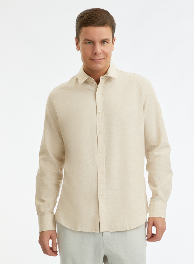 Рубашка из смесового льна с длинным рукавом oodji для мужчины (бежевый), 3L330009M/50932N/3300N