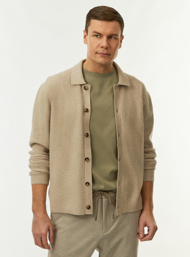 Кардиган вязаный с воротником-поло oodji для Мужчины (бежевый), 4L610001M/53022/3300M