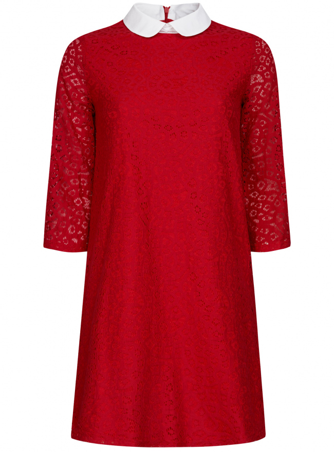 Платье кружевное с контрастным воротником oodji для женщины (красный), 11911008/45945/4500N