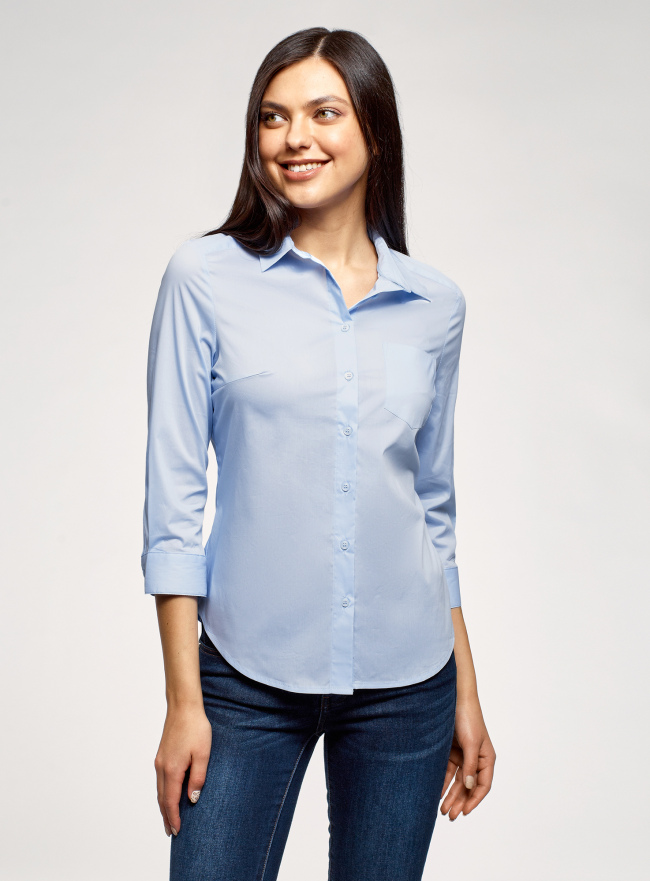 Рубашка с нагрудным карманом и рукавом 3/4 oodji для женщины (синий), 13K01005B/42083/7000N