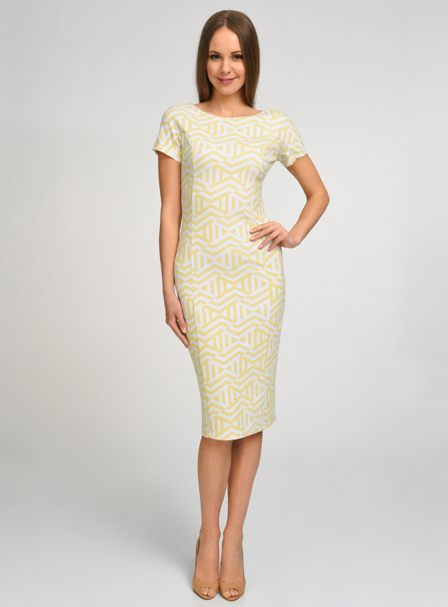 Платье трикотажное с графическим принтом oodji для женщины (желтый), 14018001/45396/5010G