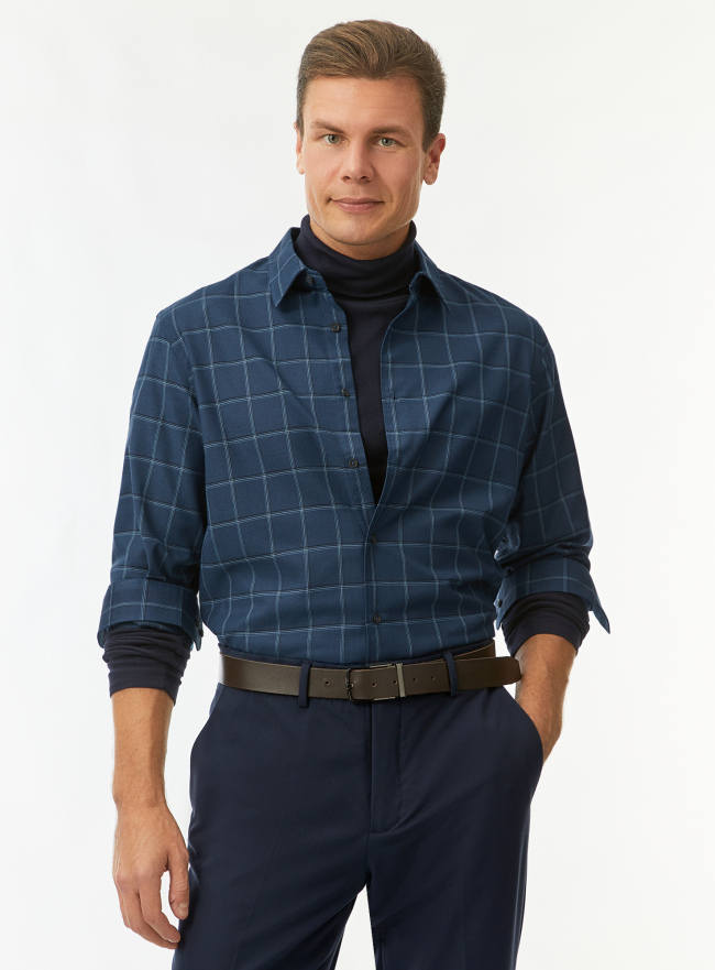 Рубашка клетчатая из смесовой бамбуковой ткани oodji для Мужчины (синий) Рубашка клетчатая из смесовой бамбуковой ткани oodji для Мужчины (синий), 3L310210M/52088/7579C