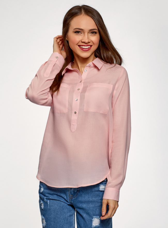 Рубашка хлопковая свободного силуэта oodji для Женщина (розовый), 11411101B/45561/4000N