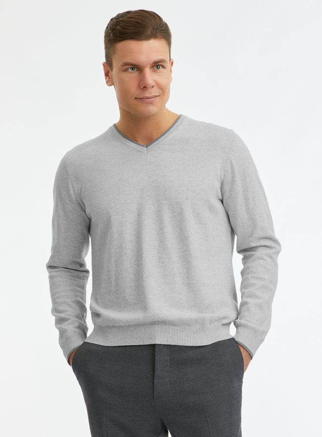 Пуловер вязаный с V-образным вырезом oodji для мужчины (серый), 4L212180M/51668/2023B