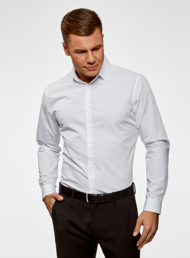 Рубашка приталенная в горошек oodji для мужчины (белый), 3B110016M/19370N/1279D