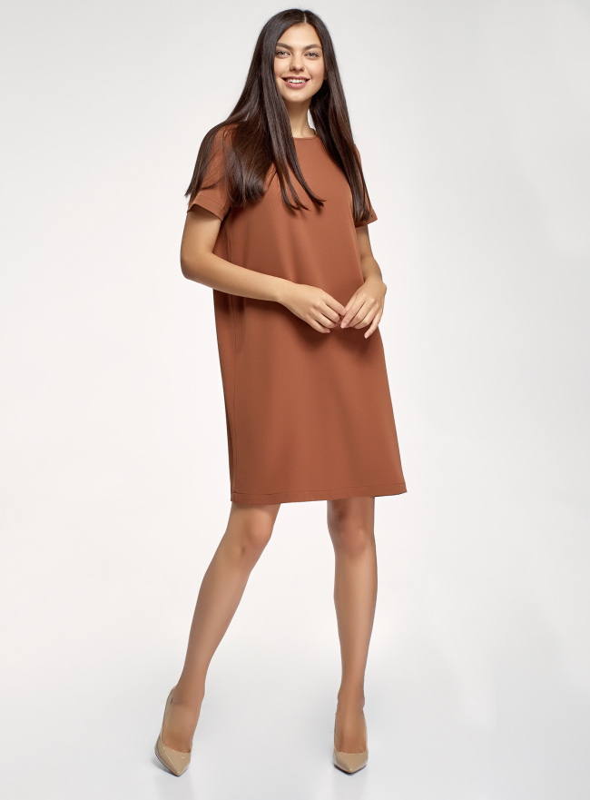 Платье свободного силуэта с коротким рукавом oodji для Женщины (коричневый), 11911042/48728/3700N
