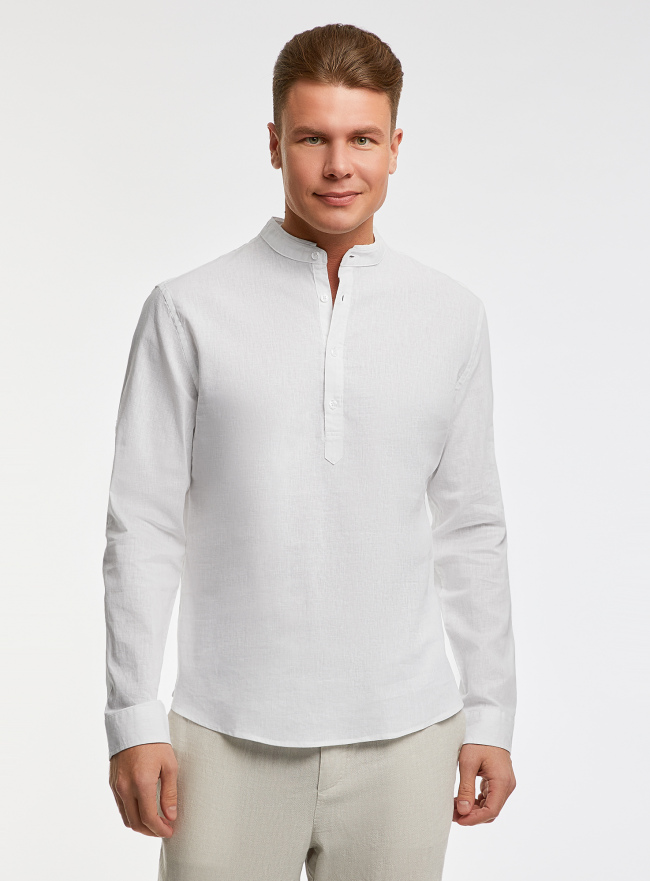 Рубашка с воротником-стойкой из смесового льна oodji для мужчины (белый), 3L300000M-2/50932N/1000N