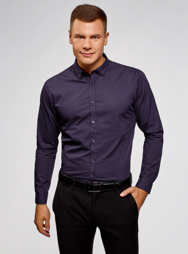 Рубашка приталенная в мелкую графику oodji для мужчины (фиолетовый), 3L110348M/44425N/8883G
