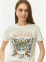 Футболка укороченная с принтом oodji для Женщины (белый) Футболка укороченная с принтом oodji для Женщины (белый), 14701122-4/44135N/1241U