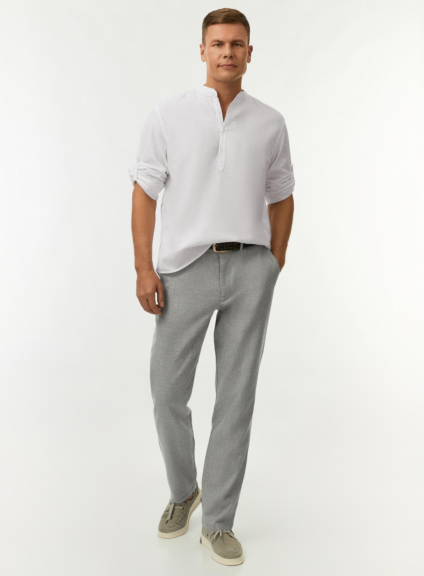 Рубашка с воротником-стойкой из смесового льна
